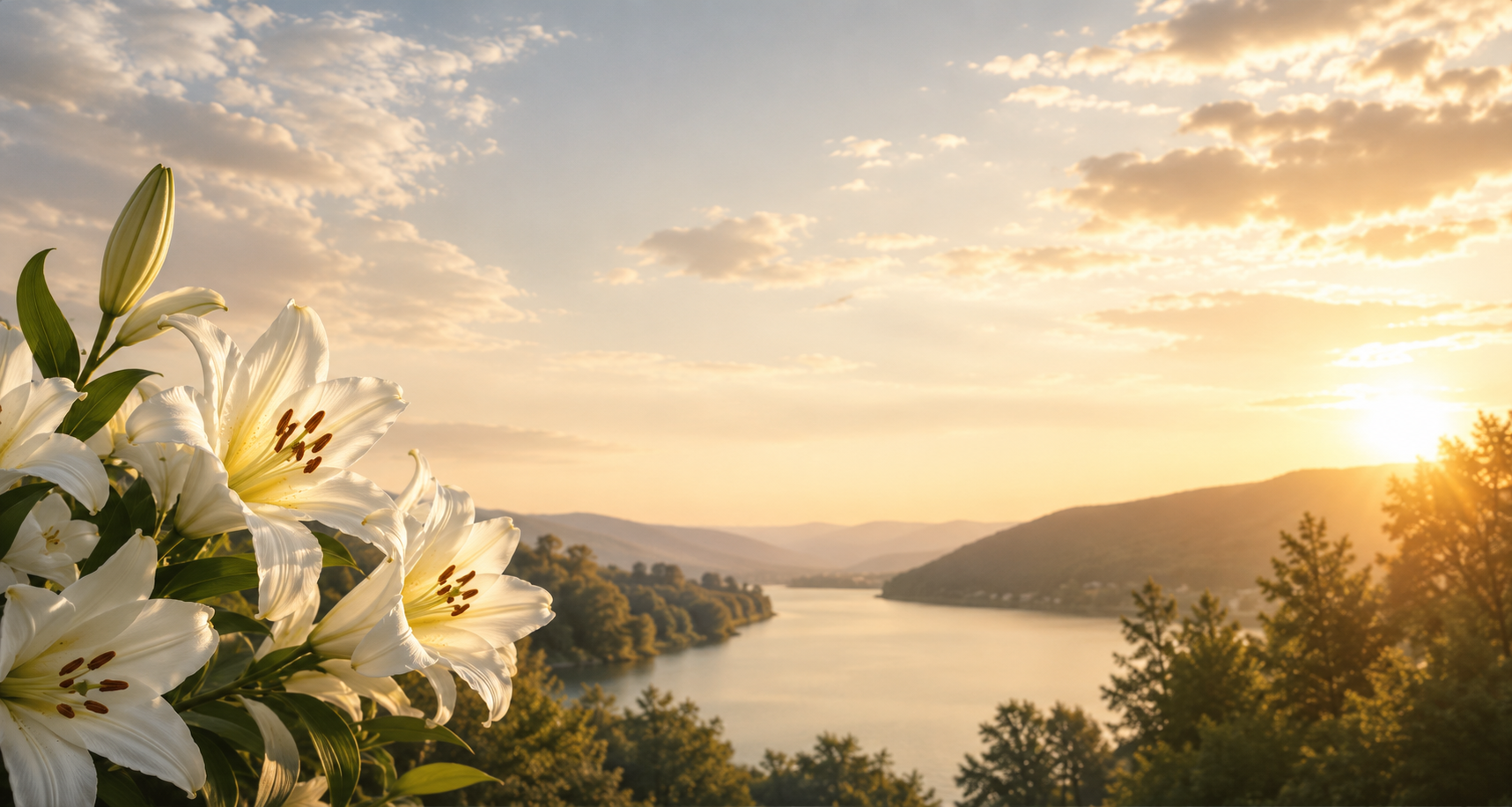 Serene memorial landscape with lilies